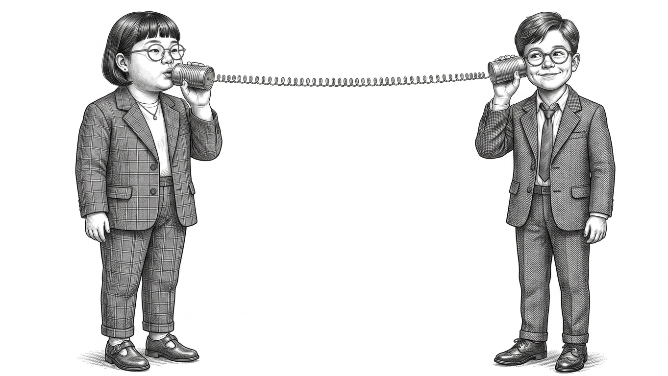 Illustration of two children talking on a tin-can telephone